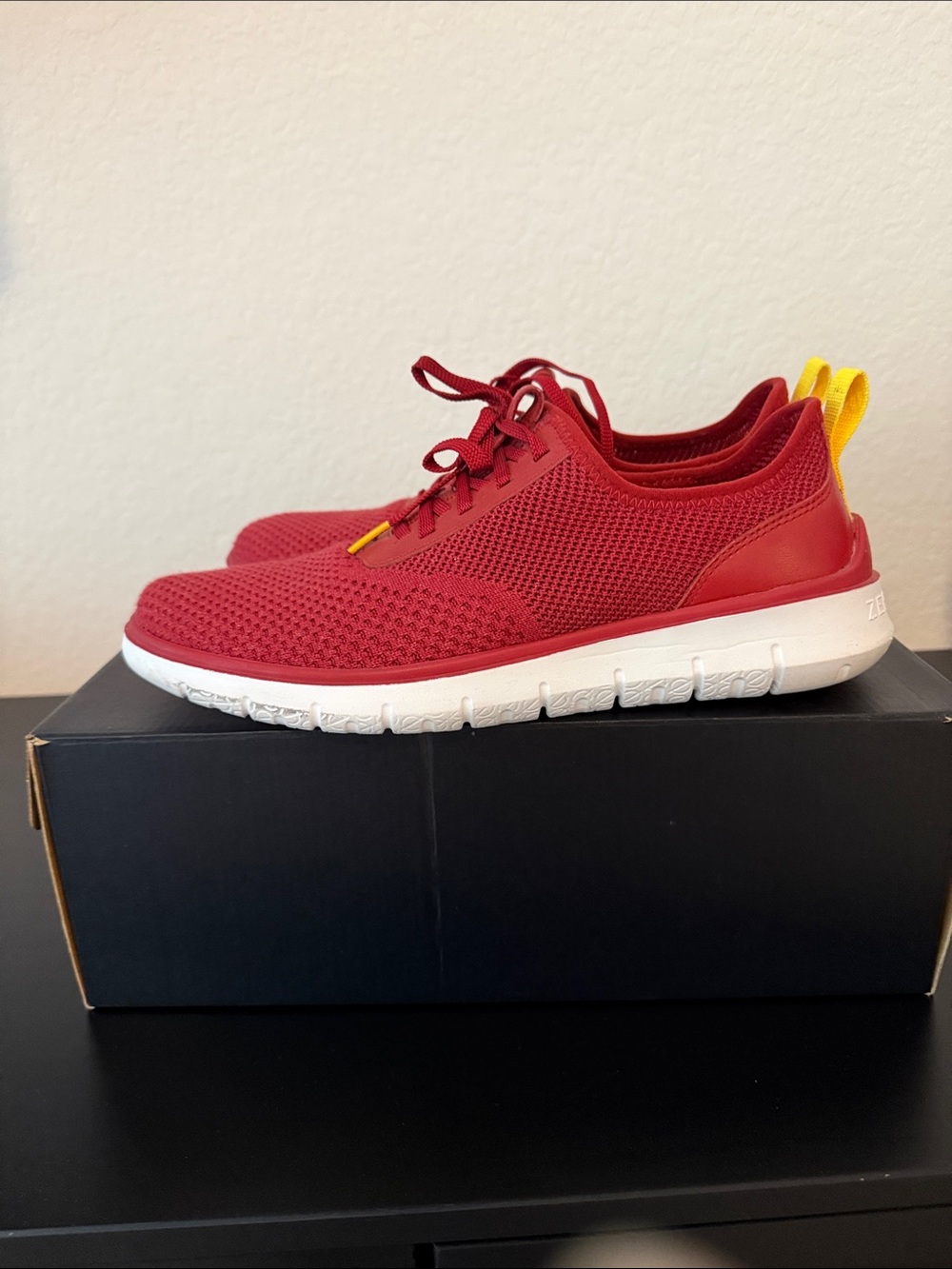 Cole Haan Red Knit Athletic Sneakers with Yellow Pull Tab